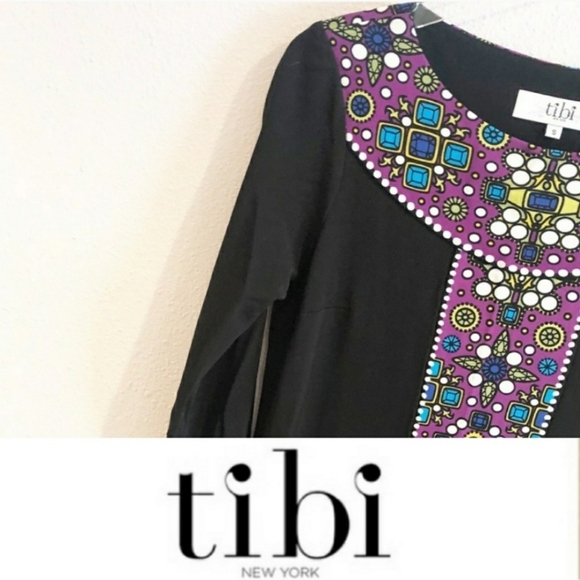 Tibi Jewel Panel Shift Dress Scuba Luxury Black Purple Mini - Picture 3 of 14